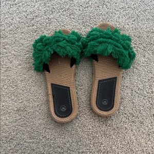 Green and Tan Fringe Slide Sandals